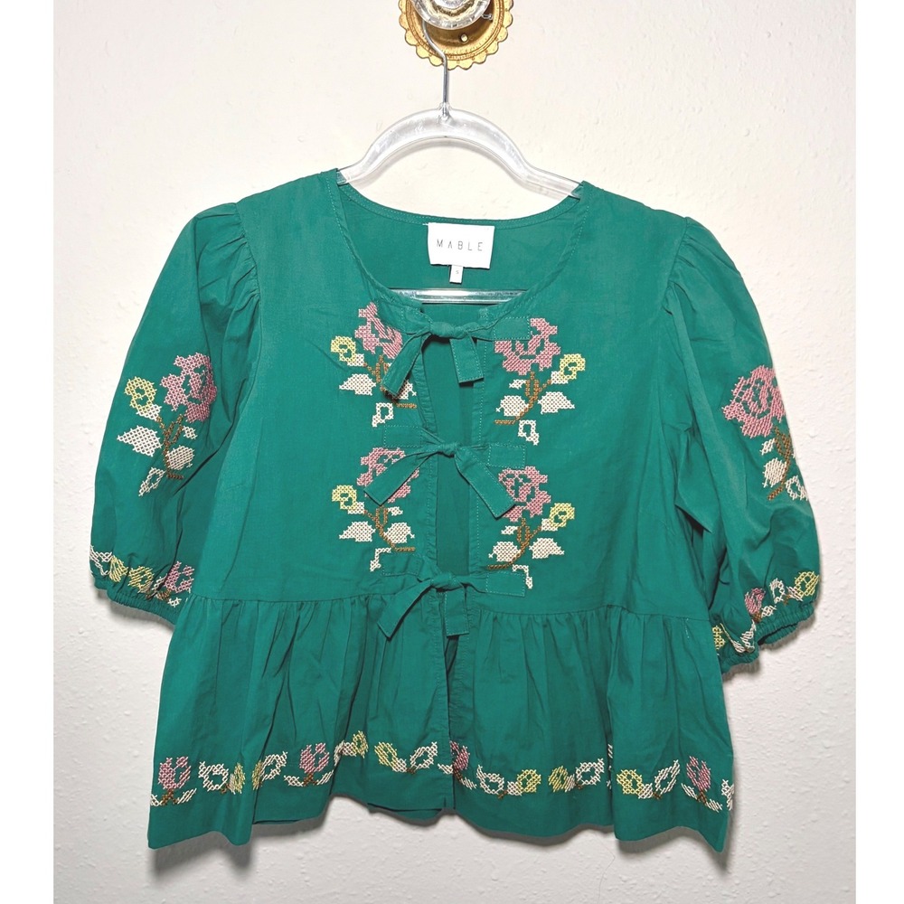 Mable Green Embroidered Floral Tie Front Peplum Blouse Puff Sleeve Small